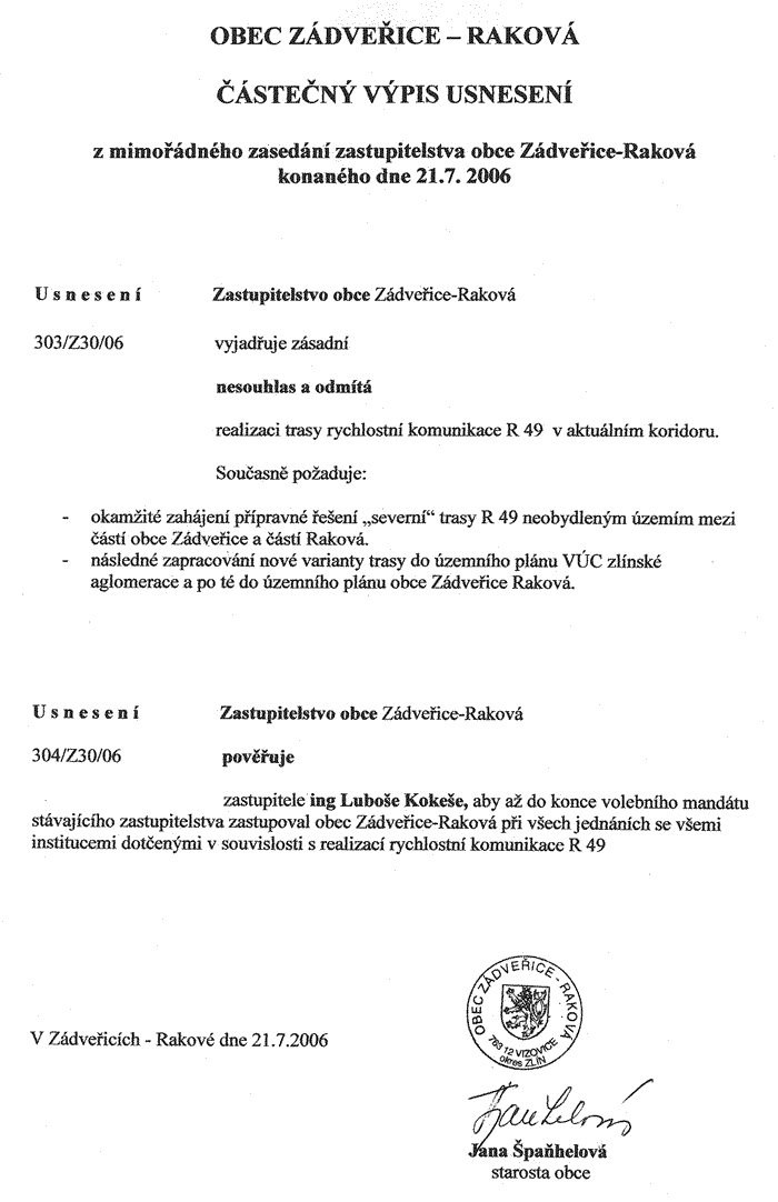 Výpis z usnesení zastupitelstva obce Zádveřice-Raková