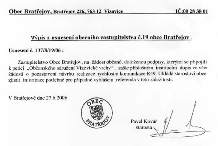 Výpis z usnesení obce Bratřejov